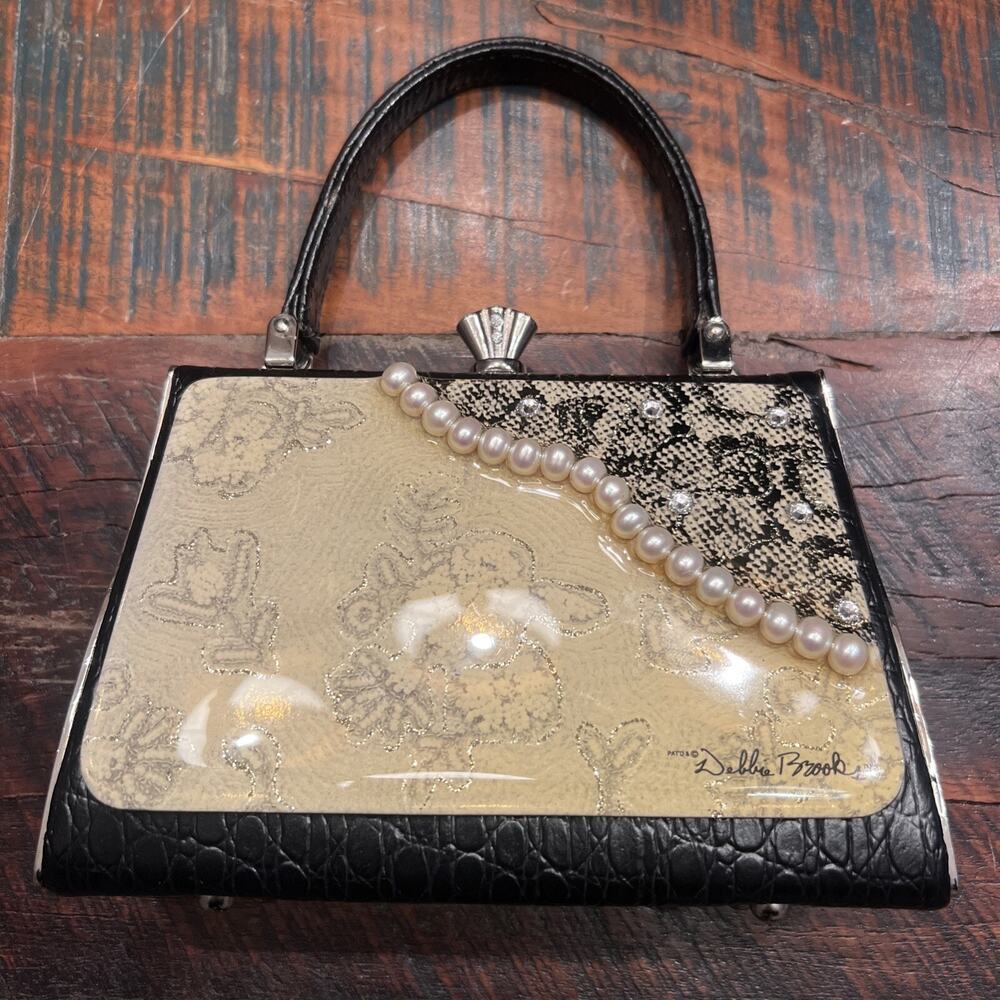 Debbie Brooks Black White Silver Mini Clutch Handbag Evening Bag Pearls - Picture 6 of 14
